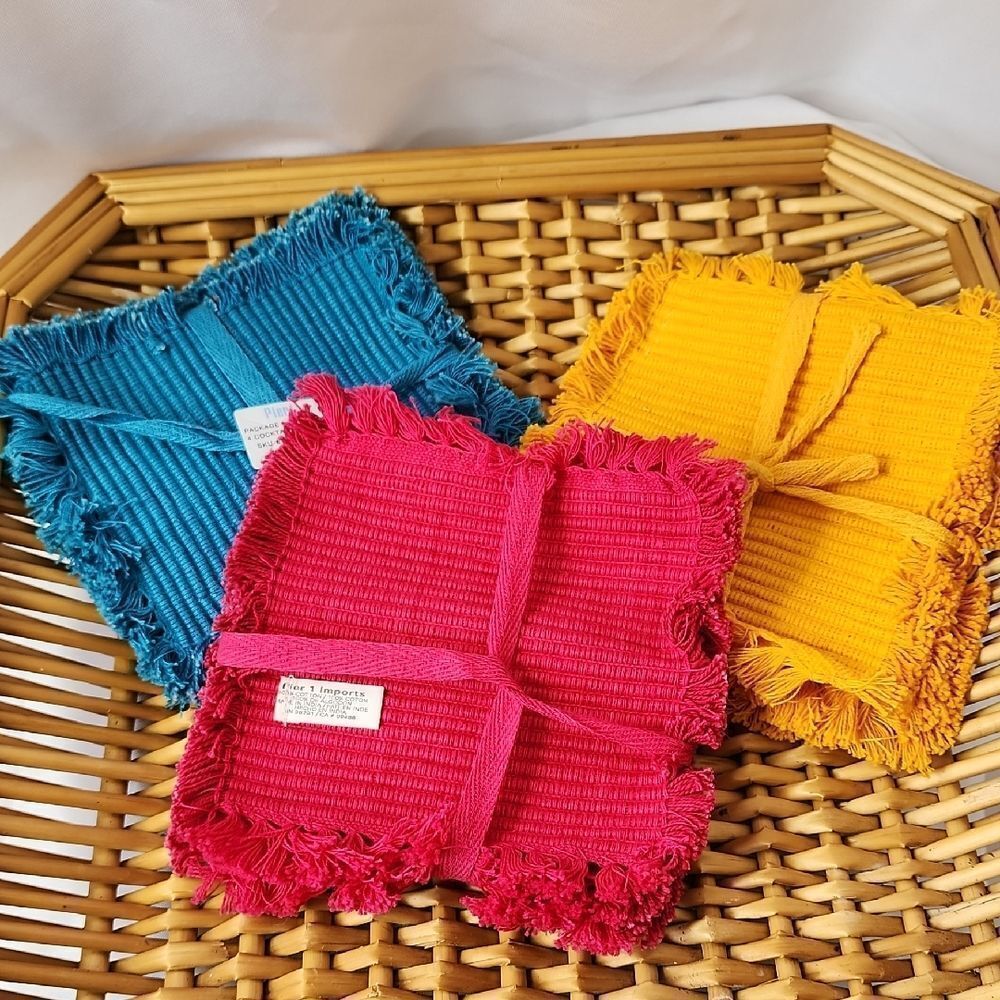 Vibrant Set Of 12 100% Cotton Fringed Cloth Cocktail Napkins